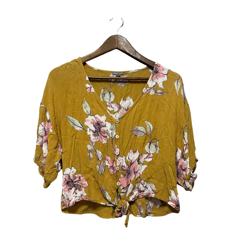 Charlotte Russe Mustard Floral Print Button Front Tie Waist Cropped Blouse Top S